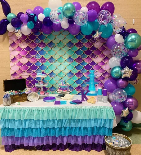 Miniatura 4 de Telón de fondo de sirena para decoración de cumpleaños infantiles, telón de fondo de fiesta de cumpleaños de sirena, fondo de fotografía de escamas