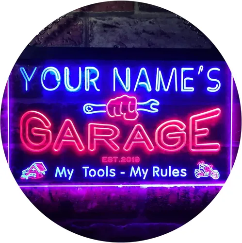 ADVPRO personalizado: tu nombre, año de fundación, tema de garaje, decoración de cueva para hombres, letrero de neón LED de doble color rojo y azul,