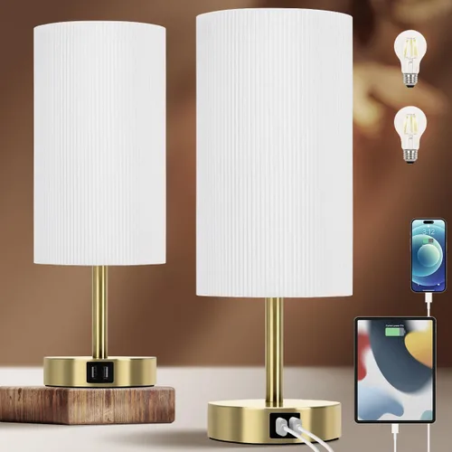 Miniatura 12 de Yarra-Decor Lámparas de noche con puerto USB, lámpara de mesa con control táctil para dormitorio, de madera, de 3 vías, regulable, juego de 2