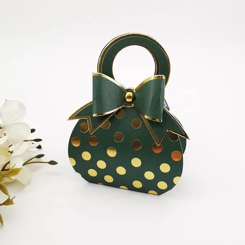 50 piezas de bolsas con lazo decorativo verde y dorado con lunares de papel metalizado dorado, cajas de regalos de boda para dulces con lazo y asa