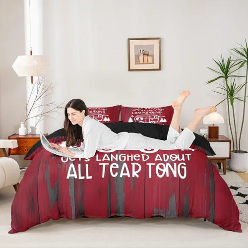 Miniatura 3 de Decoraciones para caravanas de remolques, funda de edredón de campamento feliz, juego de ropa de cama rústica color rojo de 3 piezas para niños