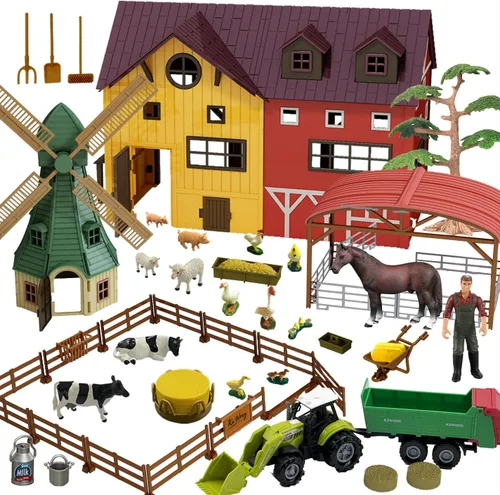Peagprav Figuras de Animales de Granja Juguetes - Set de Juguetes de 140 Piezas Juguete de Granero Caballo Establo Tractor Remolque Molino de Viento