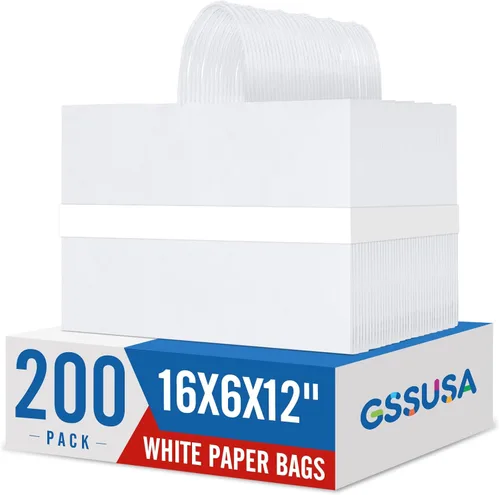 Miniatura 12 de GSSUSA Paquete de 200 bolsas de regalo de papel negro de 5.25 x 3.75 x 8 pulgadas, bolsas de papel kraft negras con asas a granel para compras