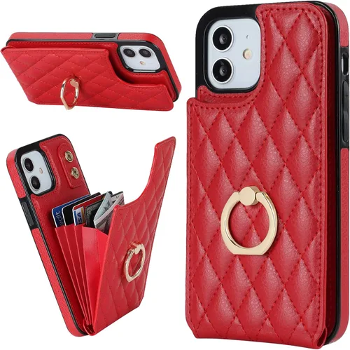Folosu Funda compatible con iPhone 12 iPhone 12 Pro con soporte para tarjetas, rotación de 360°, soporte de anillo de dedo con función atril, Rojo