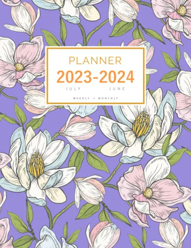 Planner July 2023-2024 June: 8.5 x 11 Weekly and Monthly Organizer | Magnolia Flower Garden Design Blue-Violet Tapa blanda – Organizador, 4