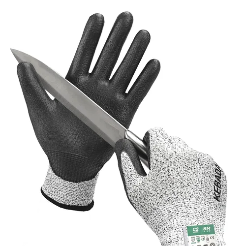 Miniatura 11 de Kebada Guantes resistentes a cortes, guantes de corte ANSI A2, revestimiento de poliuretano, pantalla táctil, modelo multiusos C2, 1 par, grande Gris