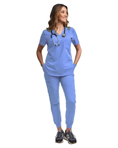 Miniatura 86 de Green Town Conjunto de ropa quirúrgica para mujer, pantalón deportivo y parte superior con cuello en V, 5 bolsillos, cintura de yoga, uniforme