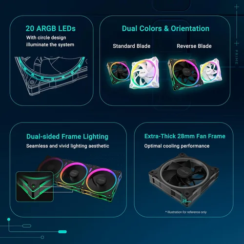 Miniatura 7 de ASUS Prime MR120 ARGB Fan Negro Paquete Triple, Marco Extra Grueso de 28mm, Silencioso, Enfriamiento de Alto Rendimiento con Control PWM, 20 LEDs
