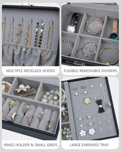 Miniatura 6 de V-LAFUY Organizador de viaje grande para joyas, joyero de viaje grande con asa, estuche de joyería de viaje grande para aretes, collares, anillos