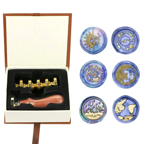 Miniatura 8 de Juego de sellos de cera para plantas con 6 cabezales de latón extraíbles y 1 mango de madera, sellos de cera retro para decoración de sobres