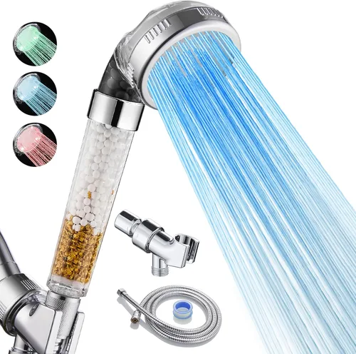 Cobbe Cabezal de ducha LED filtrado con mano, cambio de color, cabezal de ducha de alta presión con filtro, cabezal de ducha de mano con rociador de
