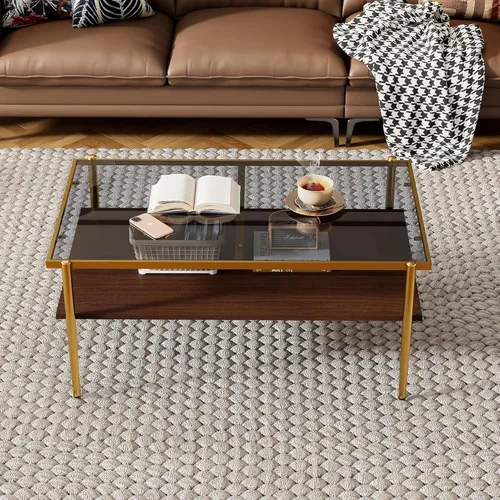 Miniatura 13 de Mesa de centro de cristal para sala de estar, mesa de centro de 2 niveles de mediados de siglo, mesa central con parte superior de vidrio templado