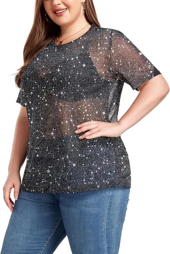 Miniatura 3 de ForHailey Blusa de manga corta transparente de malla para mujer, talla grande