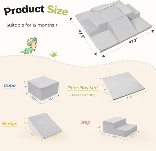 Miniatura 6 de Rinnebbit Bloques de escalada de espuma de 6 piezas para niños pequeños, juego de espuma suave para escalar y gatear con tapete de juego para bebé