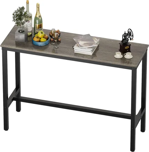 Miniatura 12 de Teraves Mesa de bar rectangular moderna, 39.37 x 17.71 x 39.37 pulgadas, parte superior de teca, base de metal negro, 4 plazas, uso en comedor y bar