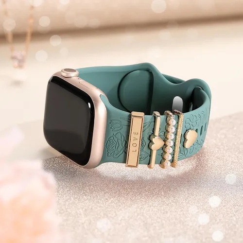 Miniatura 9 de DaQin Banda con Flor Grabada Compatible con Apple Watch, Bandas de 44mm, 42mm, 45mm, 46mm para Mujeres, Correa de Silicona Suave con Decoración