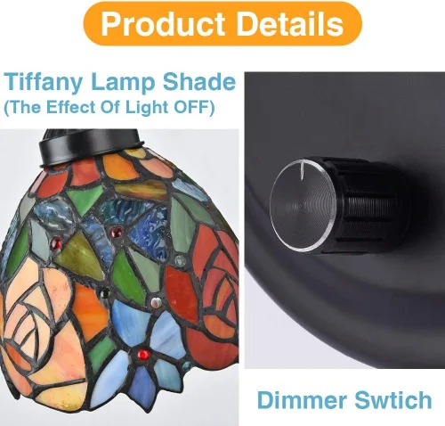 Miniatura 2 de Tiffany - Lámpara de pared para mesita de noche con interruptor regulable, aplique de pared de cuello de ganso vintage industrial con cable