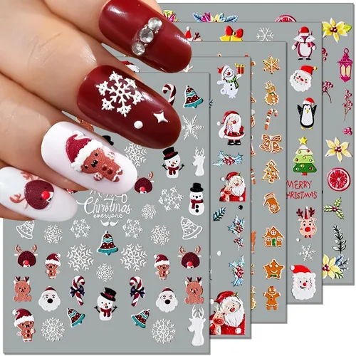 Miniatura 12 de 10 calcomanías de uñas de Navidad de invierno para mujeres, dibujos animados 3D, alce, muñeco de nieve, campanas de Papá Noel, copo de nieve