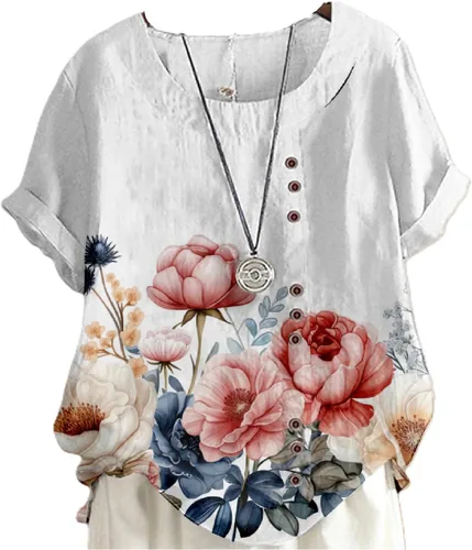 Miniatura 12 de domirica Camisetas de verano para mujer 2024 con estampado de flores, algodón, lino, manga corta, cuello redondo, camisas casuales de moda