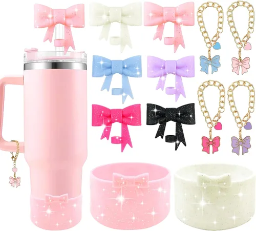 Miniatura 39 de Conjunto de accesorios para taza Hpebl para Stanley, incluye 2 tapas de pajita con moño lindo de 10 mm, tapones reutilizables para pajita, 1 funda