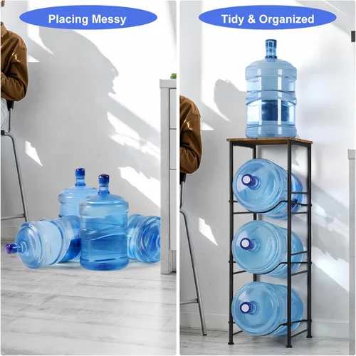 Miniatura 5 de OYEAL Soporte para botella de agua de 5 galones, organizador de 3 niveles con estante superior, dispensador de agua resistente para cocina, sala