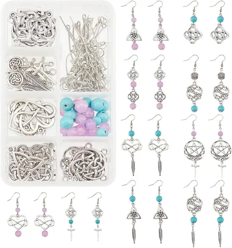 Miniatura 9 de SUNNYCLUE 1 caja de 8 pares de aretes de nudo celta de plata antigua, aretes colgantes de perlas, kit de inicio de fabricación de joyas