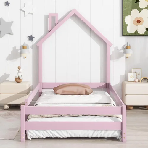 Miniatura 17 de Cama de madera de tamaño individual con cabecera en forma de casa con vallas, altura baja al suelo, para dormitorio de niños y niñas (azul claro-01)