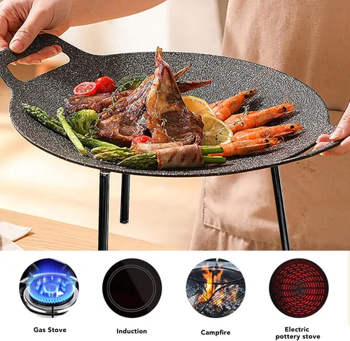Miniatura 8 de Sartén coreana, sartén redonda antiadherente para barbacoa con asas dobles, conductividad térmica rápida, soporte estable, adecuada para estufa