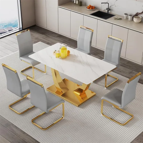 Miniatura 40 de Juego de mesa de comedor para 4, mesa de comedor de mármol sintético de 63 pulgadas con patas y base de acero inoxidable, sillas acolchadas