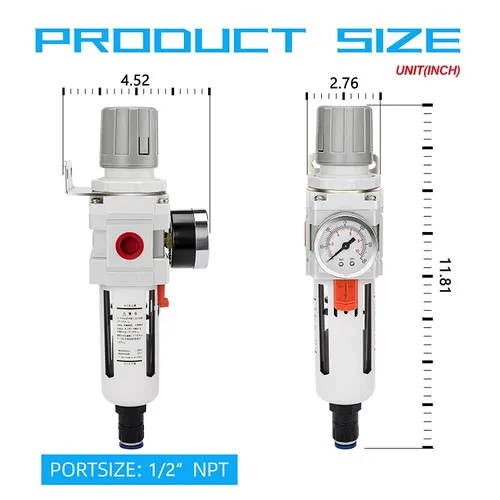 Miniatura 3 de NANPU Regulador de filtro de aire comprimido NPT de 1/2 pulgada combinado a cuestas, drenaje automático, elemento de latón de 5 micrones, cuenco