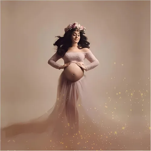 Vestido de maternidad de encaje floral con hombros descubiertos, vestido de fotografía elegante de embarazo para uso diario, sesión de fotos de baby