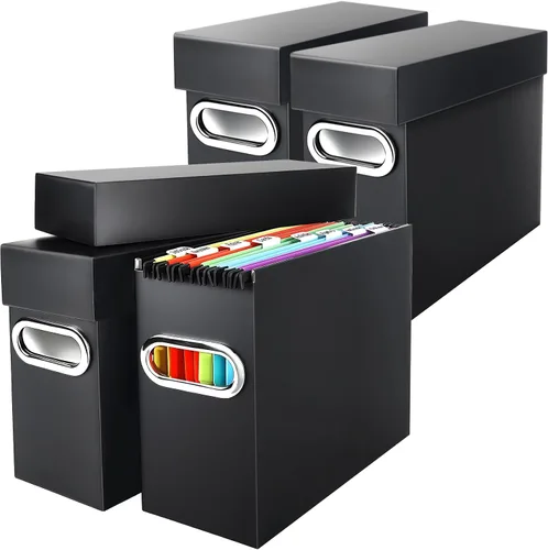 Miniatura 14 de Caja organizadora de archivos con tapa y asa, cajas de almacenamiento de carpetas de archivos colgantes de cartón grueso para tamaño carta, Negro