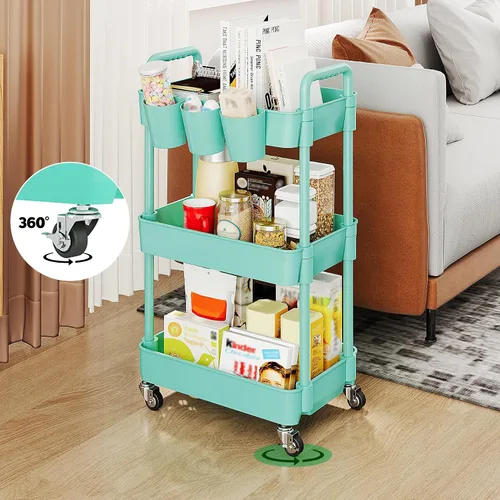 Miniatura 9 de UDEAR Carrito utilitario rodante de 3 niveles, estantes de almacenamiento multifuncionales con asa y ruedas con cerradura para habitación, oficina