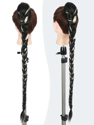 Miniatura 4 de WIGER Cola de caballo trenzada de 34 pulgadas para mujeres negras, colas de caballo largas con cordón para bricolaje, Yaki liso negro y blanco