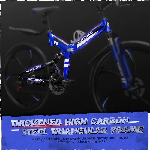 Miniatura 7 de Outroad - Bicicleta de montaña plegable de 26 pulgadas, 21 velocidades, suspensión completa, bicicleta MTB de acero de alto carbono plegable, freno