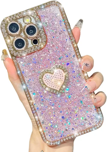 Miniatura 17 de Bling Glitter Heart compatible con iPhone 13 Pro de 6.1 pulgadas, bonito protector de cámara completo brillante para mujer, funda de teléfono Oro