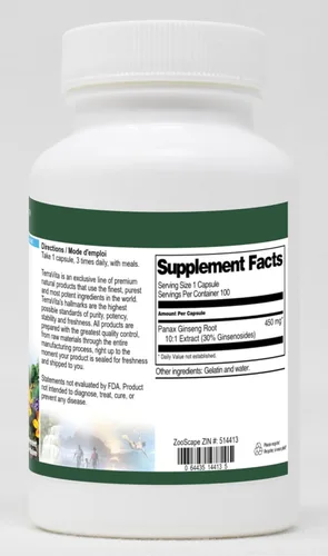 Miniatura 2 de TerraVita Extracto extra fuerte de raíz de ginseng Panax 10:1 (30% de ginsenósidos) - 450 mg (100 cápsulas, ZIN: 514413)