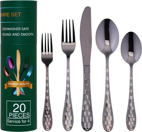 Juego de cubiertos martillados para 4, cubiertos negros de 20 piezas, acero inoxidable 18/10, incluye cuchillo/tenedor/cuchara, vajilla para cocina,