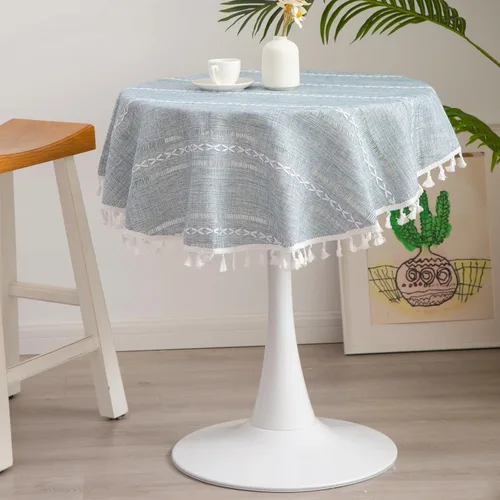 Miniatura 13 de Mantel Redondo Pequeño de Lino Rústico para Mesita de Noche con Rayas Bordadas Lavable Azul Cubierta de Mesa Estilo Granja con Puntadas y Borlas