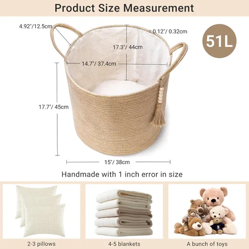 Miniatura 2 de Mkono Cesta Alta de Mimbre para Ropa Sucia Cesta de Almacenamiento Tejida Cesta Decorativa de Cuerda Natural Decoración de Cuentas de Madera
