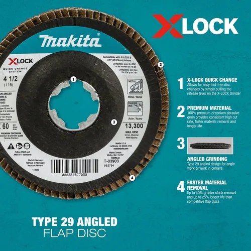 Miniatura 4 de Makita T-03903-3 X-Lock 4‑1/2" 60 Grit Type 29 Disco de pulido y pulido en ángulo X-Lock y todas las amoladoras de eje de 7/8", paquete de 3