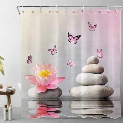 Miniatura 7 de Water Lily and Zen Stone Shower Curtain Pink Butterfly and Floral on Water Nature Scenery Shower Curtain for Bathroom Spa Relaxation Fabric Bath