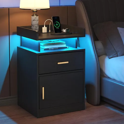 Mesita de noche con estación de carga y luces LED, mesita de noche con cajón, mesita de noche con almacenamiento de gabinete, mesita de noche