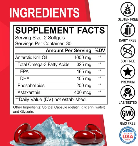 Miniatura 6 de Aceite de krill Omega 3 500mg - Aceite de krill antártico 1000 mg cápsulas blandas EPA, DHA, astaxantina, fosfolípidos - Suplementos de ácidos