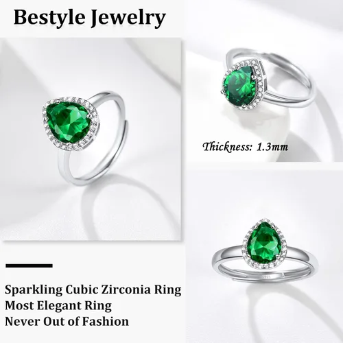 Miniatura 2 de 925 Sterling Silver Birthstone Rings for Women Girls with Clear 2ct HeartRoundTeardropSquare Crystal, Solitaire Diamond Halo Open Bands Cubic