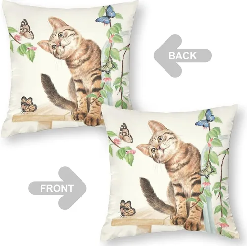 Miniatura 5 de Fundas de almohada con diseño de mariposa de gato de 20 x 20 pulgadas, bonito patrón de dibujos animados, fondo beige, para decoración del hogar