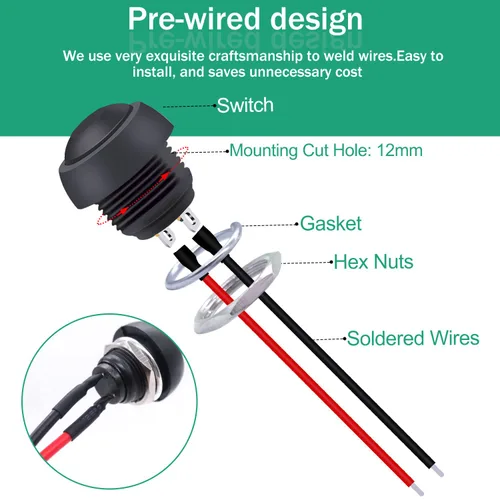 Miniatura 3 de Twidec /6 unids interruptor de botón momentáneo de 0.472 in agujero de montaje de 1/2 "encendido apagado mini redondo impermeable negro con cables