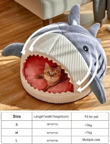 Miniatura 6 de QWINEE Cama para Gatos en Forma de Tiburón, Cama para Gatitos, Refugio, Casa Cálida, Suave, Cómoda, Semicerrada, Azul, Talla L