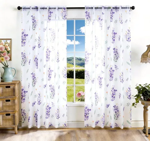 Miniatura 18 de youleyar Cortinas traslúcidas florales para sala de estar, 2 paneles de 54 pulgadas de largo, cortinas semitransparentes blancas con estampado
