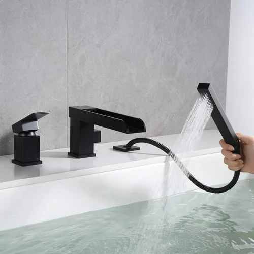 Miniatura 6 de Wowkk Grifos de bañera de cascada para bañera romana de montaje en cubierta, grifos de bañera de montaje en cubierta negros, grifos de bañera